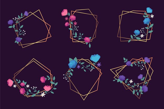 Cadres polygonaux dorés avec des fleurs élégantes