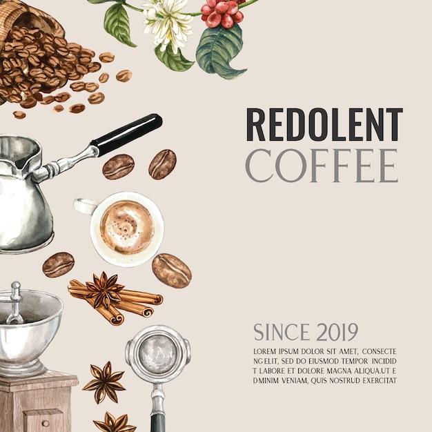 Vecteur gratuit café arabica haricots sac avec tasse à café americano, illustration aquarelle cafetière cafetière