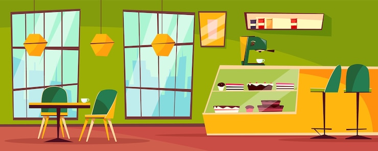 Vecteur gratuit café ou cafétéria illustration intérieure de la pâtisserie de bande dessinée.