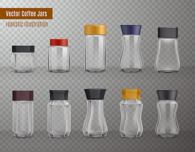 Vecteur gratuit café instantané vide réaliste en verre de différentes formes et pots en plastique