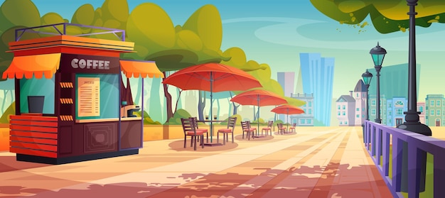 Vecteur gratuit café de rue en plein air dans l'illustration de dessin animé de vecteur de parc de la ville cafétéria à auvent extérieur avec chaise de table et parapluie orange sur le jardin paysage urbain avec cabine en plein air pour le café