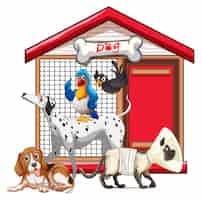 Vecteur gratuit cage de chien avec dessin animé de groupe animal isolé