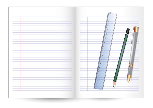 Cahier blanc vierge réaliste avec crayon et règle pages de cahier propres illustration vectorielle