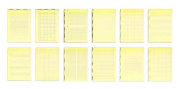 Vecteur gratuit cahiers avec papier jaune en lignes, points et grilles carrées