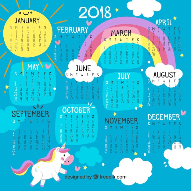 Vecteur gratuit calendrier 2018 coloré avec licorne et arc-en-ciel