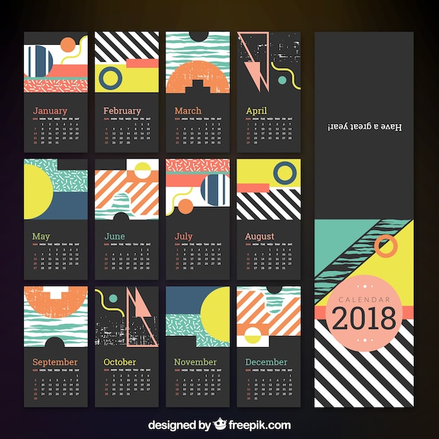 Vecteur gratuit calendrier 2018 avec des lignes et des formes géométriques