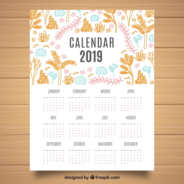 Vecteur gratuit calendrier 2019 avec des éléments floraux