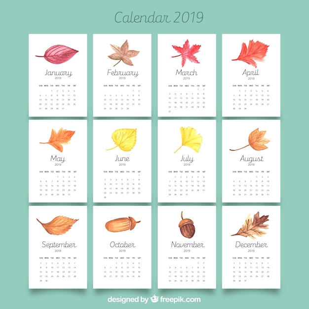 Vecteur gratuit calendrier 2019 avec des feuilles d'automne