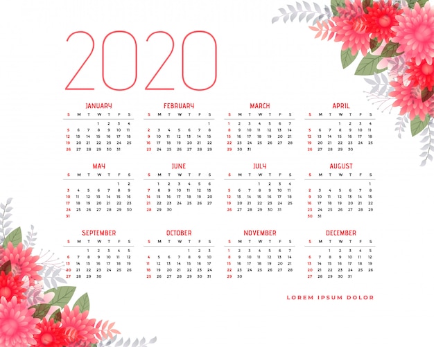 Vecteur gratuit calendrier 2020 avec éléments floraux