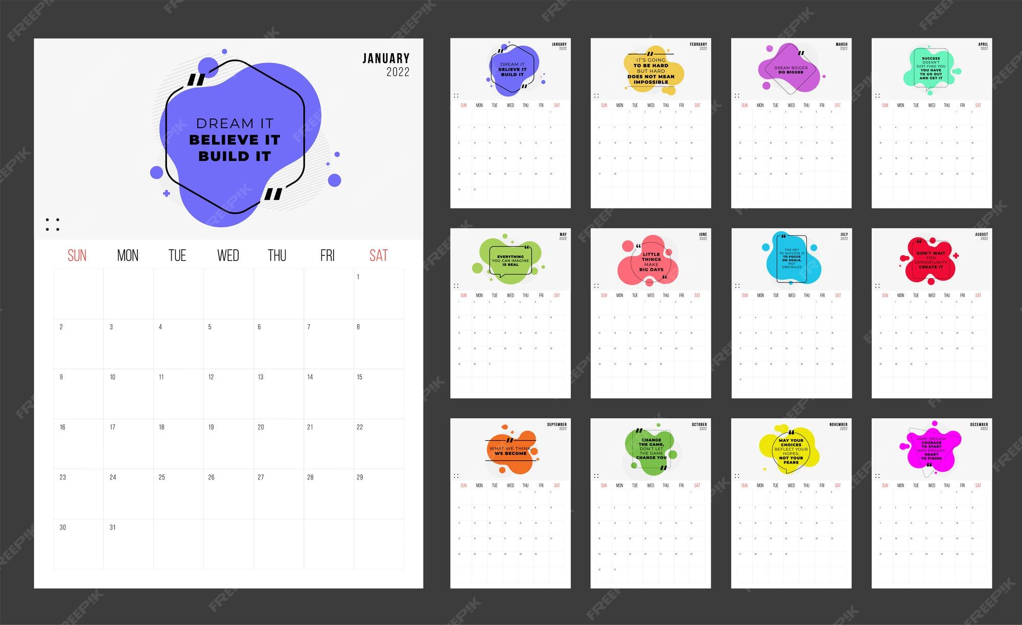 Calendrier 22 Illustration Avec Des Citations De Motivation Modele La Semaine Des Maquettes Commence Dimanche Vecteur Premium