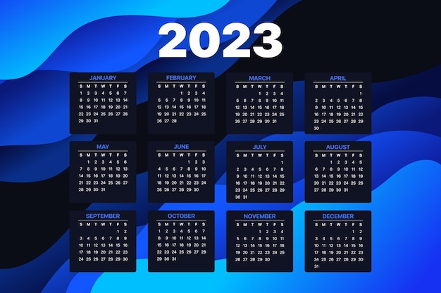 Vecteur gratuit calendrier 2023 dégradé bleu foncé horizontal