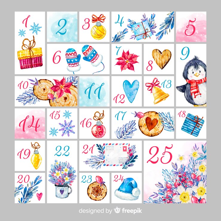 Vecteur gratuit calendrier de l&#39;avent aquarelle