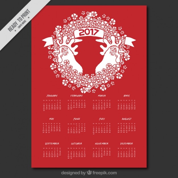 Vecteur gratuit calendrier blanc et rouge pour l'année du coq