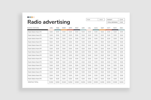 Vecteur gratuit calendrier budgétaire simple pour la publicité radio