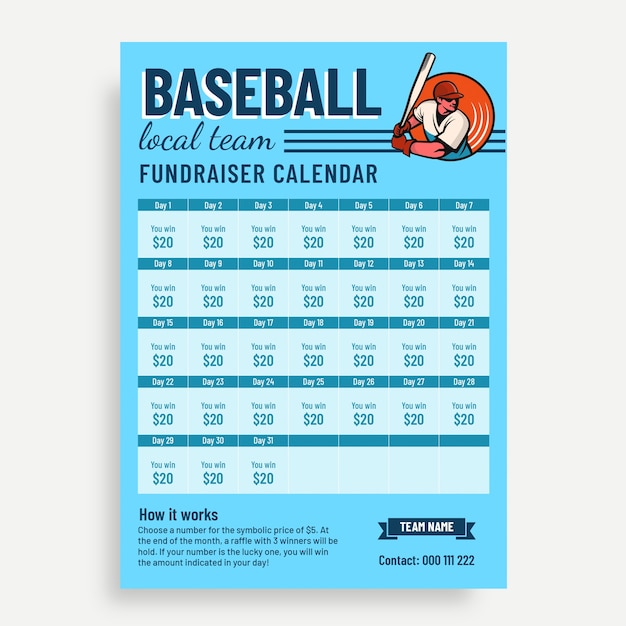 Vecteur gratuit calendrier de collecte de fonds de l'équipe de baseball simple dessiné à la main