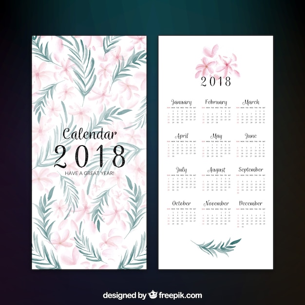 Calendrier Décoratif 2018 Avec Des Fleurs En Style Aquarelle