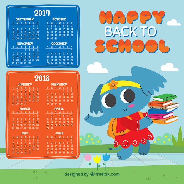 Vecteur gratuit le calendrier de l'école avec un éléphant adorable