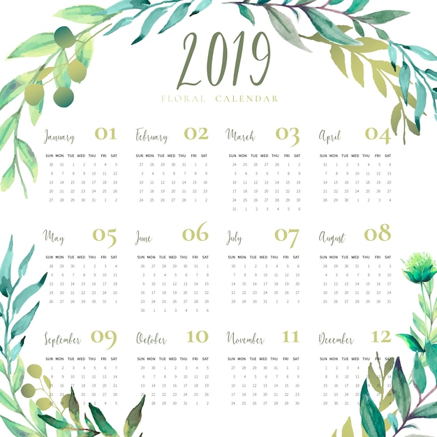 Calendrier Floral 2019 Avec Feuilles D'aquarelle