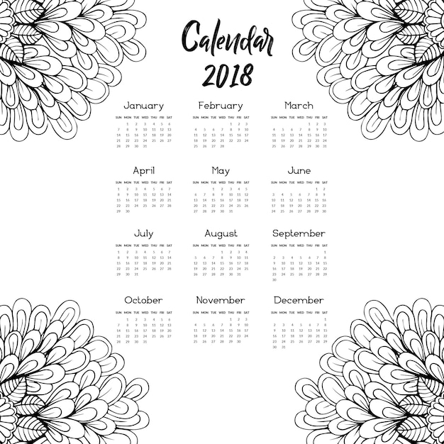 Calendrier Floral Noir Et Blanc à La Main 2018