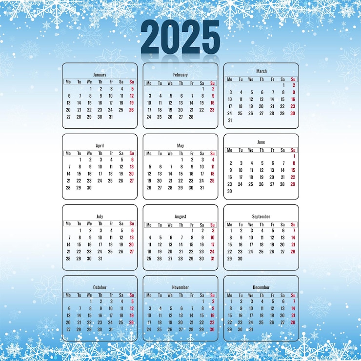 Vecteur gratuit calendrier mensuel 2025 avec des flocons de neige de noël en arrière-plan
