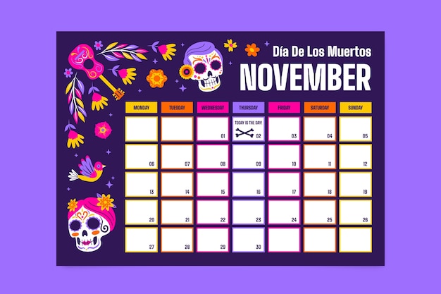 Calendrier Mensuel Cool Dia De Muertos