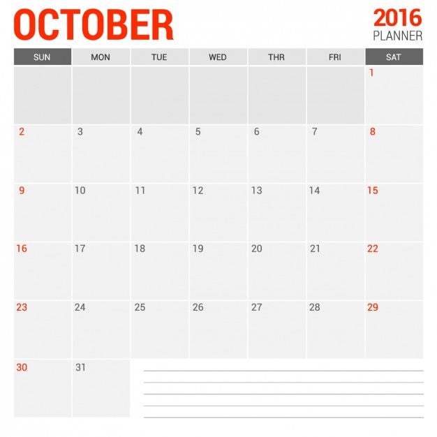 Vecteur gratuit calendrier mensuel d'octobre 2016