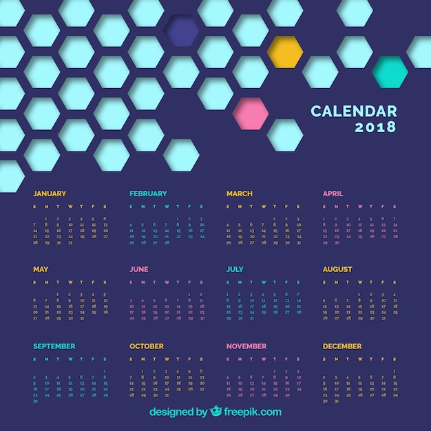 Vecteur gratuit calendrier moderne de 2018 avec formes hexagonales