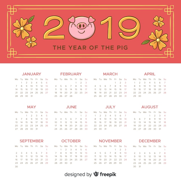 Calendrier De Nouvel An Chinois De Visage De Cochon Dessiné à La Main