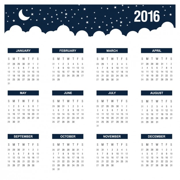 Vecteur gratuit calendrier nuit annuel 2016