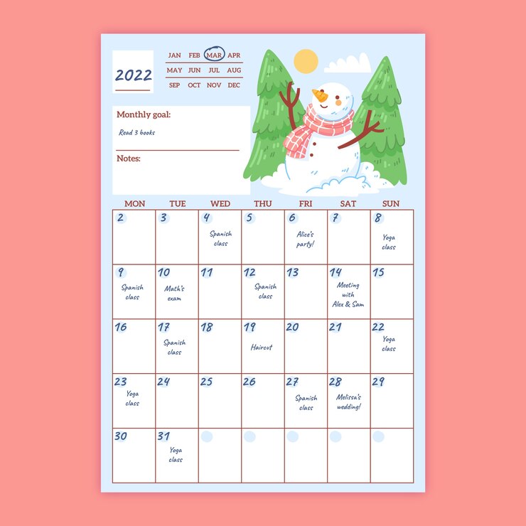 Vecteur gratuit calendrier de planificateur mensuel plat dessiné à la main