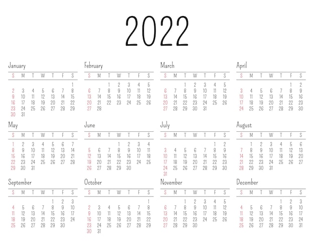 Calendrier pour 2022. la semaine commence le dimanche. tous les mois. conception de modèle de calendrier. vecteur.