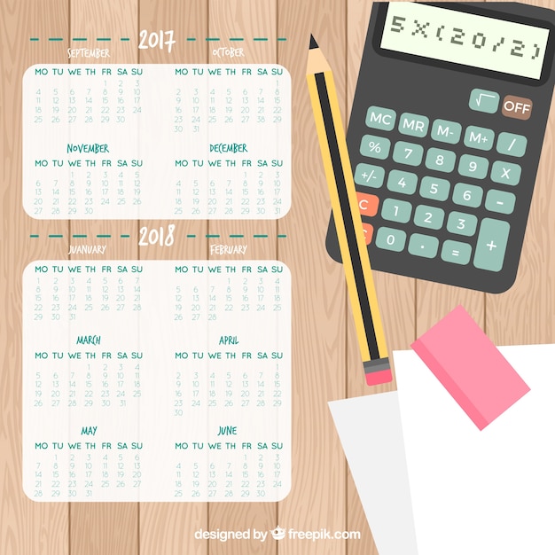 Vecteur gratuit calendrier scolaire avec une calculatrice