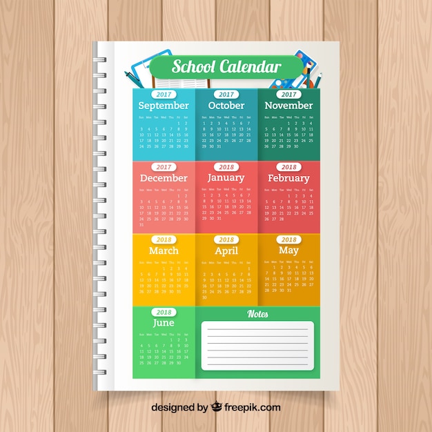 Vecteur gratuit calendrier scolaire coloré sur un cahier