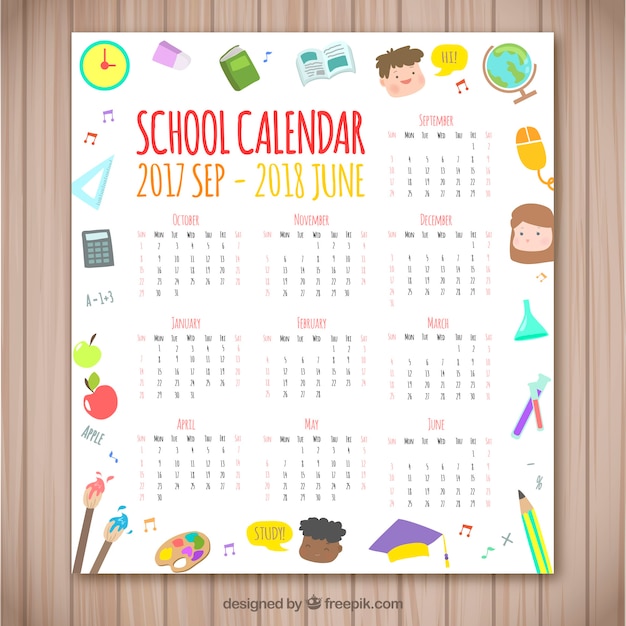 Vecteur gratuit calendrier scolaire avec différents éléments