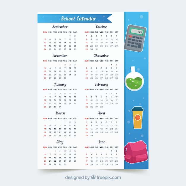 Vecteur gratuit calendrier scolaire avec des éléments scolaires mignons