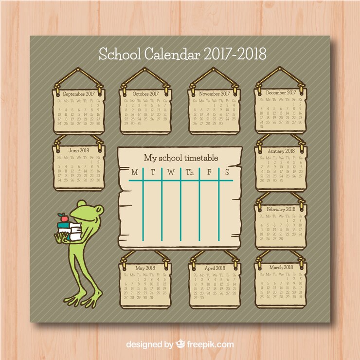 Vecteur gratuit calendrier scolaire vintage avec belle grenouille avec des livres
