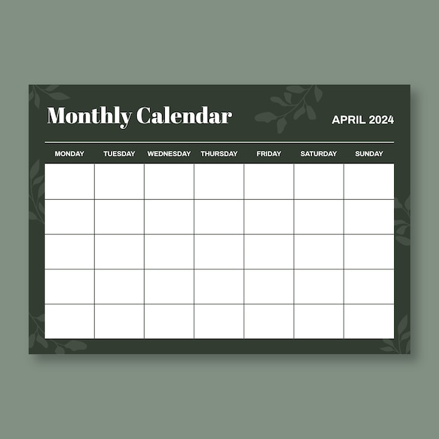 Vecteur gratuit calendrier vierge mensuel de feuilles minimalistes élégantes