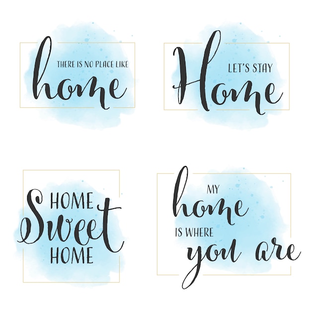 Calligraphie De Citation A La Maison Sur Fond Aquarelle Bleu Avec Collection De Cadres Dores Vecteur Premium