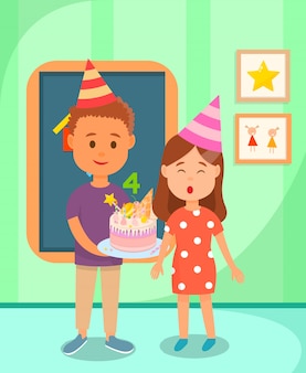 Camarade De Classe Tenant Le Gateau Pour Fille D Anniversaire Vecteur Premium Camarade De Classe Tenant Le Gateau Pour Fille D Anniversaire Vecteur Premium