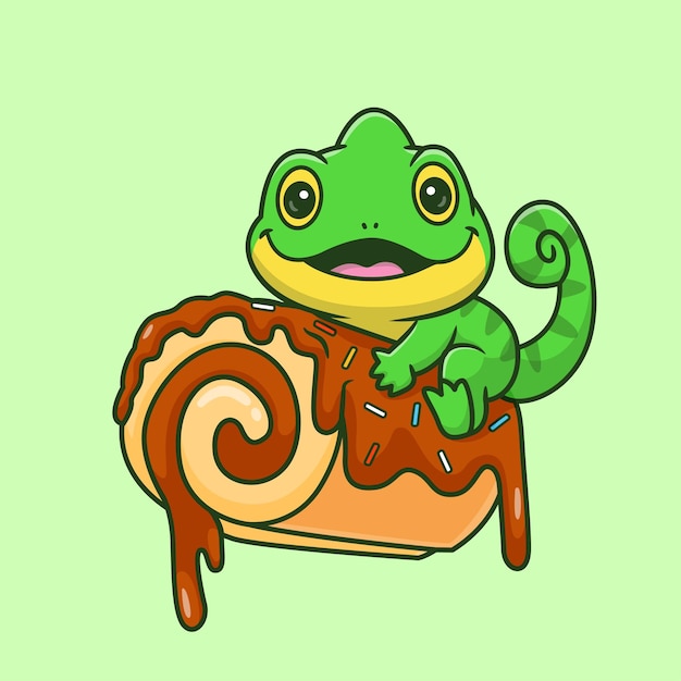 Un Caméléon Mignon Mangeant Un Gâteau Au Chocolat Cartoon Icône Vectorielle Illustration De Nourriture Pour Animaux Isolé Plat