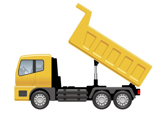 Camion à benne basculante jaune de vecteur déchargeant l'illustration de vue de côté d'isolement sur un fond blanc