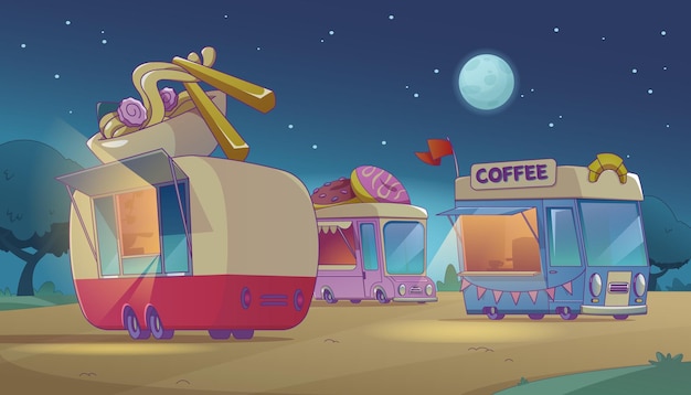 Vecteur gratuit camion de nourriture dans le parc de la ville la nuit vector de dessins animés paysage urbain d'été avec des voitures vendant de la restauration rapide et des boissons café avec des nouilles udon des beignets sucrés et du café frais sur roues à la lumière de la lune