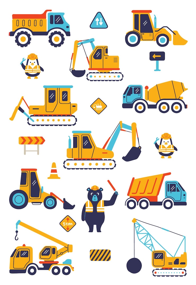 Vecteur gratuit camion pelle bulldozer pelle rétrocaveuse machinerie lourde véhicule jouet de circulation pour enfants illustration