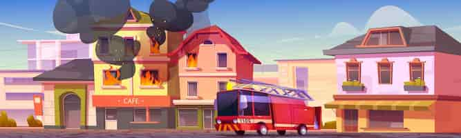 Vecteur gratuit un camion de pompiers arrive pour éteindre un bâtiment en feu dans la ville illustration vectorielle de dessin animé du paysage de la ville avec une maison en flammes et couverte de fumée une voiture rouge avec des pompiers est arrivée à l'appel d'urgence