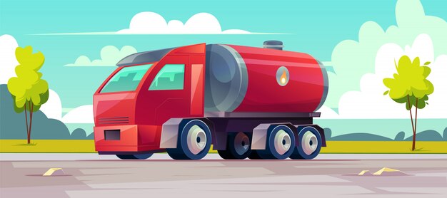 Un camion rouge livre de l&#39;huile inflammable dans un réservoir