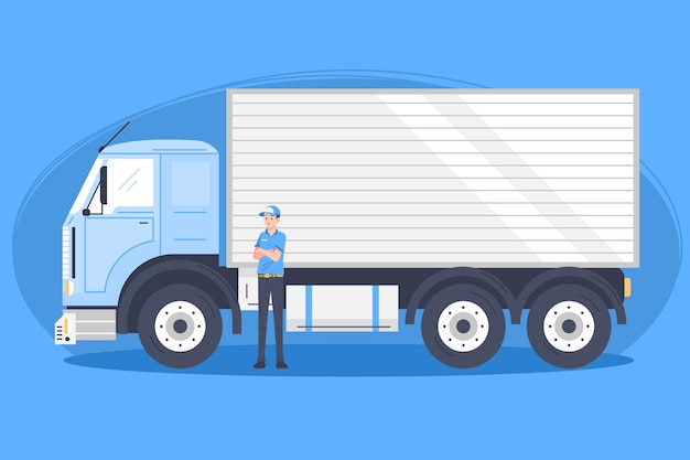 Vecteur gratuit camion de transport dessiné à la main avec livreur