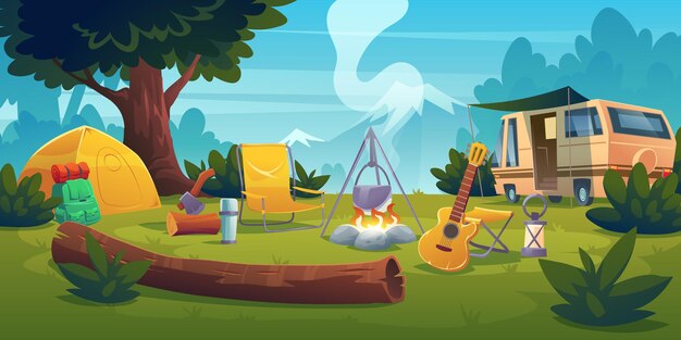 Camp d'été avec feu de joie, tente, camionnette, sac à dos, chaise et guitare.