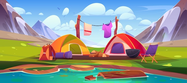 Vecteur gratuit camp de montagne avec tentes et feu de camp près du lac