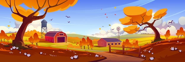 Vecteur gratuit campagne d'automne avec moulin à vent de grange de ferme à l'automne
