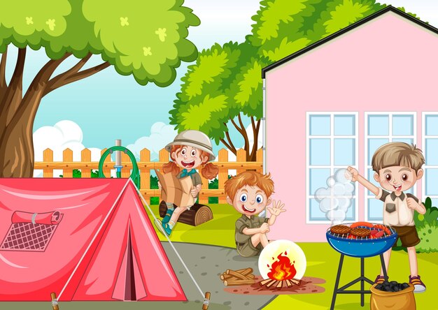 Camping dans la cour avec des enfants